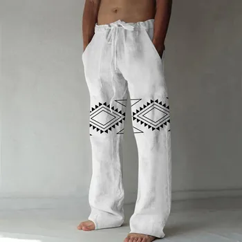 Os homens Verão Casual Calças uso Diário Astecas, Geométricas Completa de Calças de Comprimento Médio Cintura Bolso Cordão Calças de Streetwear Inferior