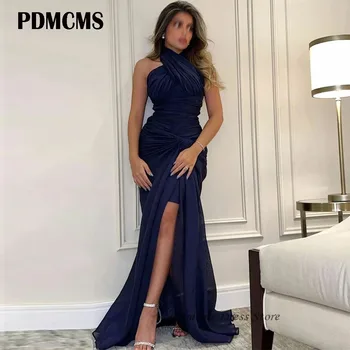 PDMCMS Chiffon Halter Pescoço Sereia Formal Vestidos de Noite Divisão Alta Azul Marinho Chão Comprimento de Baile Elegante Vestidos de Festa Para Mulheres
