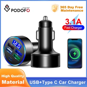 Podofo 4 Portas 15.5 W USB Tipo-C Carregador de Carro LED Display Digital Automático de Carregamento Plug Adaptador para o Telefone Móvel
