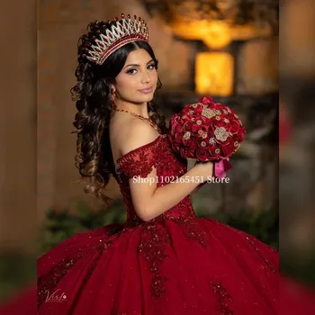 Princesa Vestidos de Quinceanera Borgonha Fora do Ombro Apliques de Lantejoulas Formal, Baile de Formatura, Vestidos de Rendas na Doce 15 16 Vestido