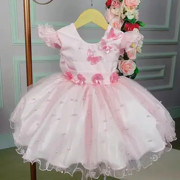 Pérolas De Luz Cor-De-Rosa Flor Menina Vestidos Para Casamento Borboleta Criança Concurso De Vestidos De Tule Andar De Comprimento Vestido De Primeira Comunhão