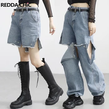 REDDACHiC Hip-Hop Mulheres Baggy Jeans com Datechable polainas Grunge Y2k Retro Oca-out Denim, Calças de Perna Larga Jorts Calças
