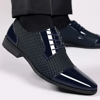 Retro Homens Vestido Clássico Sapatos Oxfords Sapatos de Couro envernizado para os Homens do Laço Social, Sapato de Couro Preto de Casamento de Homens Festa de Sapatos