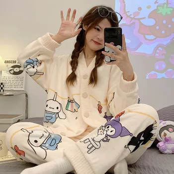 Sanrio Minha Melodia Kuromi de Inverno de Pijama em Conjunto para as Mulheres Engrossar Quente Cartoon Pijama de Calça comprida Coral Casual Outono Inverno Sleepwear
