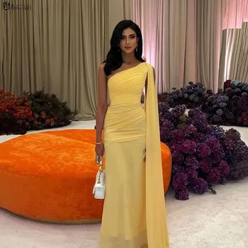Simples, Amarelo Chiffon árabe Vestido de Noite Longo de Um Ombro só com Pregas Vestido Formal, Festa de Casamento de Mulheres Vestidos de Baile Vestidos 2024