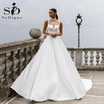 SoDigne Uma Linha Princesa Vestidos de Noiva de Espaguete fita de Cetim Moderno Vestido de Noiva Simples Espartilho Longo Weddding Vestidos Personalizado Feito