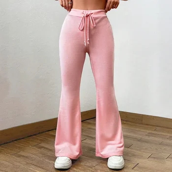 Soild Casual Calças Flare para as Mulheres 2023 Nova de Outono Inverno da Moda Cintura Alta Cordão Calças de Moletom Esportes Streetwear