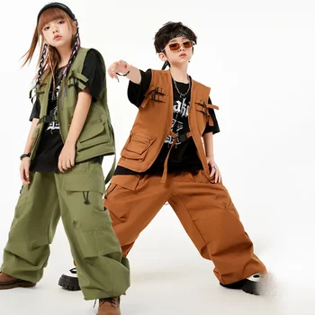 Streetwear Meninas de Dança Jazz Desempenho Roupas de Hip-Hop para Crianças de Moda, Roupas Soltas Colete de hip hop com o Terno de Meninos