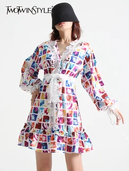 TWOTWINSTYLE Painel de Renda de Impressão Vestido Para as Mulheres de Pescoço de V Manga Longa de Cintura Alta Colorblock Mini Vestidos Femininos Outono Estilo de Roupas