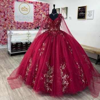 Vermelho Off Ombro Flores em 3D Applique Vestido de baile Vestidos de Quinceanera Frisado Com Cabo Sweet 16 Vestido Vestido de Aniversário De 15 Anos