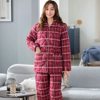 Vermelho Xadrez Mulheres Pijama Terno De Inverno Casaco Acolchoado Engrossar Calças De Pijama 2 Peças De Conjunto De Casa De Inverno Serviço Mãe Roupas