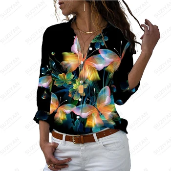 Verão nova camisa borboleta 3D impresso Camisa Estilo Casual Mulheres Camisas Moda Solta Mulheres Camisas