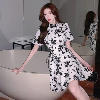 Vintage Floral Mini Vestido de Festa de Cintura Alta Slim Vestidos coreano Moda Elegante Retro, Curto Praia, Vestidos para Mulheres Garota 2022