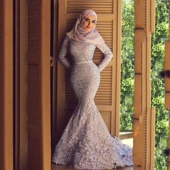 VÊNUS Muçulmano, com Gola Alta, Vestidos de Baile Simples Plus size Formal Vestidos de Mangas compridas Vestido de Noite Apliques de Renda Robe De Sarau
