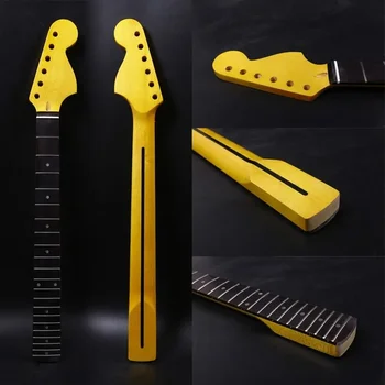 Yinfente 21 Trastes Maple braço da Guitarra De 25,5 Polegadas Escala de Pontos Embutimento Terminado Guitarra Substituição Pescoços com Amarelo Brilhante Pintura
