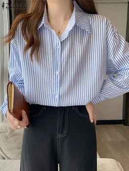 ZANZEA Mulheres Causal Blusa de Listra de Trabalho Elegante Camisa Feminina Manga Longa Lapela Pescoço Blusas coreano Office Tops Oversize Camisa